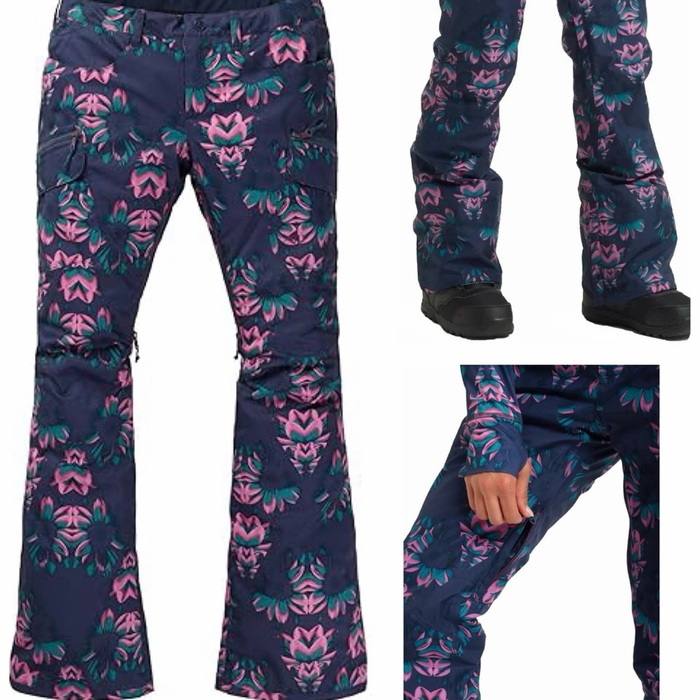 Burton Gloria Snow Pant Navy Floral Pink & Teal Print Waterproof Feminine Sz S